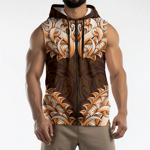 New Zealand Ta Moko Sleeveless Zip Hoodie Aotearoa Maori Chest Tattoo Orange
