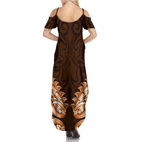 New Zealand Ta Moko Summer Maxi Dress Aotearoa Maori Chest Tattoo Orange