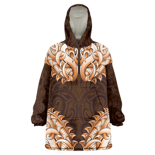New Zealand Ta Moko Wearable Blanket Hoodie Aotearoa Maori Chest Tattoo Orange