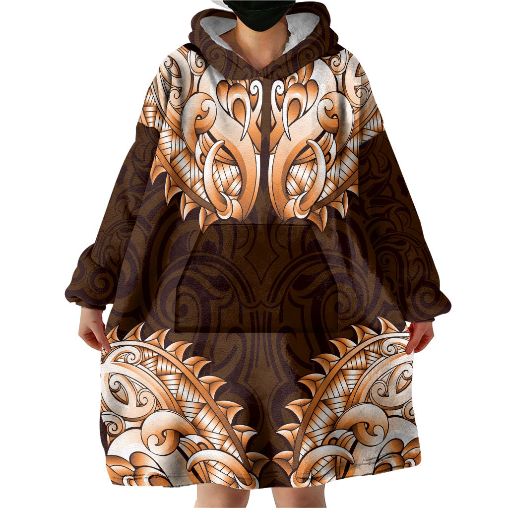 New Zealand Ta Moko Wearable Blanket Hoodie Aotearoa Maori Chest Tattoo Orange