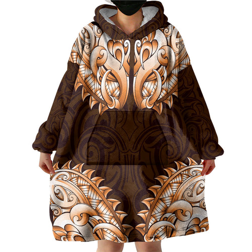 New Zealand Ta Moko Wearable Blanket Hoodie Aotearoa Maori Chest Tattoo Orange