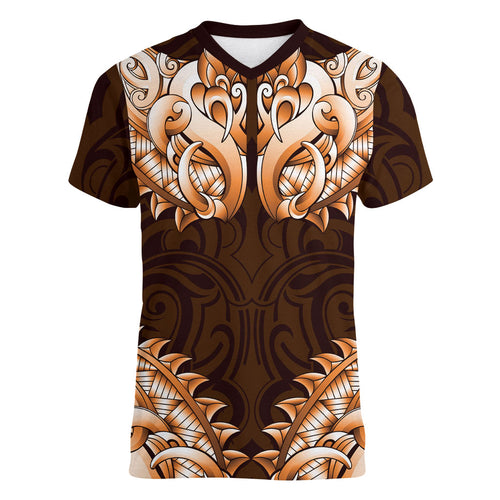New Zealand Ta Moko Women V-Neck T-Shirt Aotearoa Maori Chest Tattoo Orange