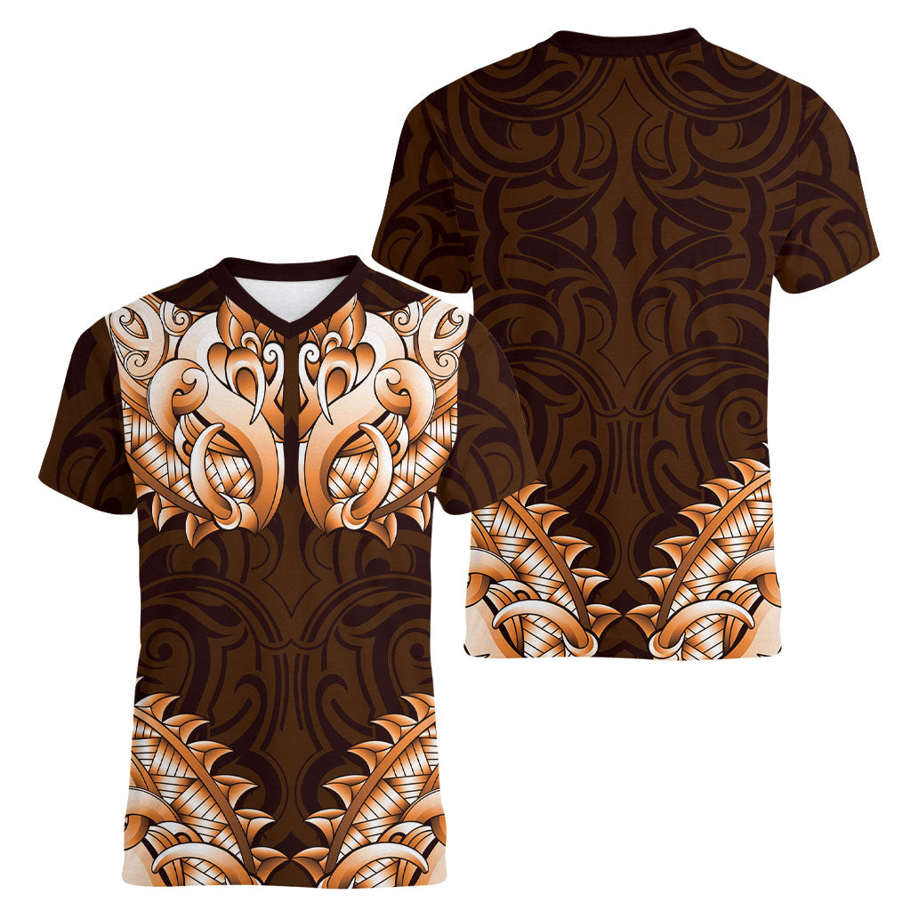 New Zealand Ta Moko Women V-Neck T-Shirt Aotearoa Maori Chest Tattoo Orange