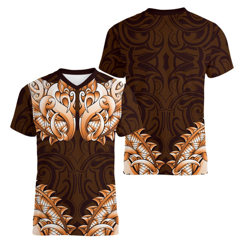 New Zealand Ta Moko Women V-Neck T-Shirt Aotearoa Maori Chest Tattoo Orange