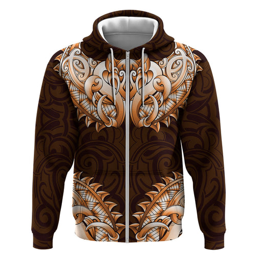 New Zealand Ta Moko Zip Hoodie Aotearoa Maori Chest Tattoo Orange