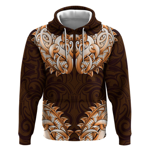 New Zealand Ta Moko Zip Hoodie Aotearoa Maori Chest Tattoo Orange