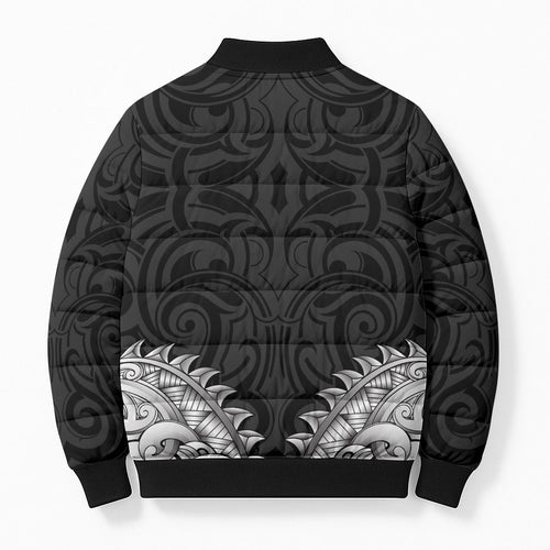 New Zealand Ta Moko Bomber Puffer Jacket Aotearoa Maori Chest Tattoo Black
