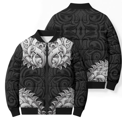 New Zealand Ta Moko Bomber Puffer Jacket Aotearoa Maori Chest Tattoo Black