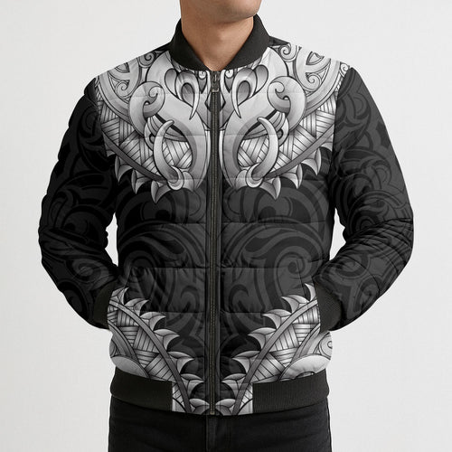 New Zealand Ta Moko Bomber Puffer Jacket Aotearoa Maori Chest Tattoo Black