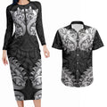 New Zealand Ta Moko Couples Matching Long Sleeve Bodycon Dress and Hawaiian Shirt Aotearoa Maori Chest Tattoo Black