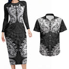 New Zealand Ta Moko Couples Matching Long Sleeve Bodycon Dress and Hawaiian Shirt Aotearoa Maori Chest Tattoo Black