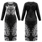 New Zealand Ta Moko Couples Matching Long Sleeve Bodycon Dress and Hawaiian Shirt Aotearoa Maori Chest Tattoo Black