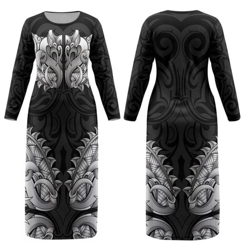 New Zealand Ta Moko Couples Matching Long Sleeve Bodycon Dress and Hawaiian Shirt Aotearoa Maori Chest Tattoo Black