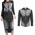 New Zealand Ta Moko Couples Matching Long Sleeve Bodycon Dress and Long Sleeve Button Shirt Aotearoa Maori Chest Tattoo Black