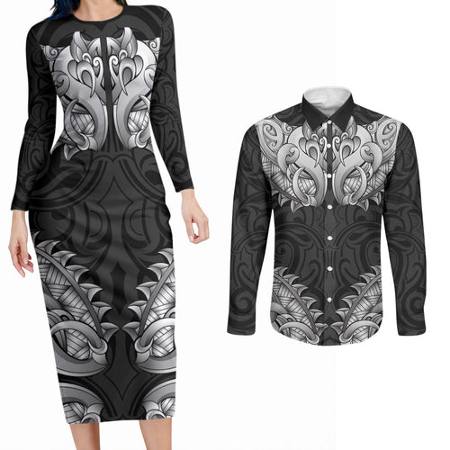 New Zealand Ta Moko Couples Matching Long Sleeve Bodycon Dress and Long Sleeve Button Shirt Aotearoa Maori Chest Tattoo Black