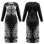New Zealand Ta Moko Couples Matching Long Sleeve Bodycon Dress and Long Sleeve Button Shirt Aotearoa Maori Chest Tattoo Black