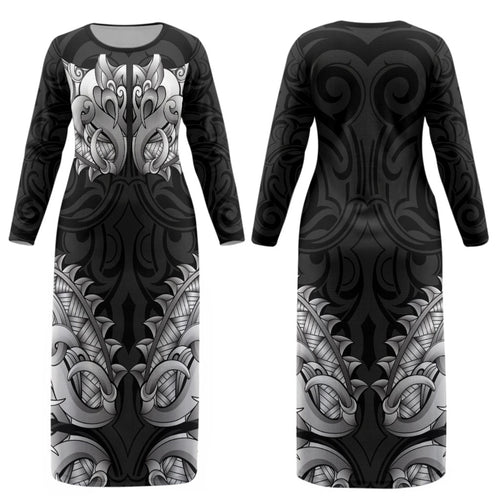 New Zealand Ta Moko Couples Matching Long Sleeve Bodycon Dress and Long Sleeve Button Shirt Aotearoa Maori Chest Tattoo Black
