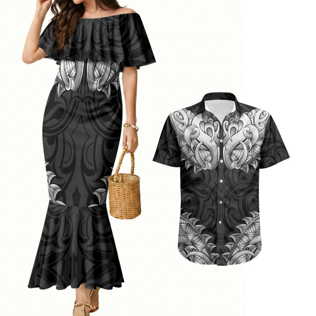 New Zealand Ta Moko Couples Matching Mermaid Dress and Hawaiian Shirt Aotearoa Maori Chest Tattoo Black