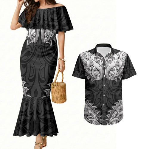 New Zealand Ta Moko Couples Matching Mermaid Dress and Hawaiian Shirt Aotearoa Maori Chest Tattoo Black