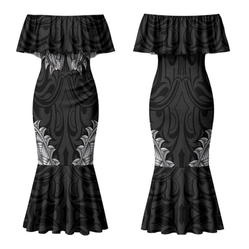 New Zealand Ta Moko Couples Matching Mermaid Dress and Hawaiian Shirt Aotearoa Maori Chest Tattoo Black