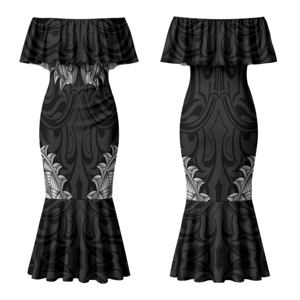 New Zealand Ta Moko Couples Matching Mermaid Dress and Long Sleeve Button Shirt Aotearoa Maori Chest Tattoo Black