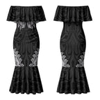 New Zealand Ta Moko Couples Matching Mermaid Dress and Long Sleeve Button Shirt Aotearoa Maori Chest Tattoo Black
