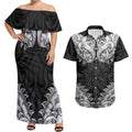 New Zealand Ta Moko Couples Matching Off Shoulder Maxi Dress and Hawaiian Shirt Aotearoa Maori Chest Tattoo Black