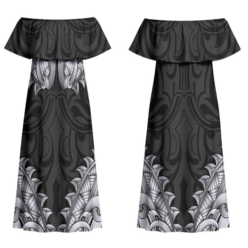 New Zealand Ta Moko Couples Matching Off Shoulder Maxi Dress and Hawaiian Shirt Aotearoa Maori Chest Tattoo Black
