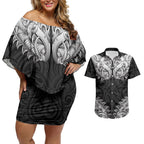 New Zealand Ta Moko Couples Matching Off Shoulder Short Dress and Hawaiian Shirt Aotearoa Maori Chest Tattoo Black