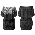 New Zealand Ta Moko Couples Matching Off Shoulder Short Dress and Hawaiian Shirt Aotearoa Maori Chest Tattoo Black