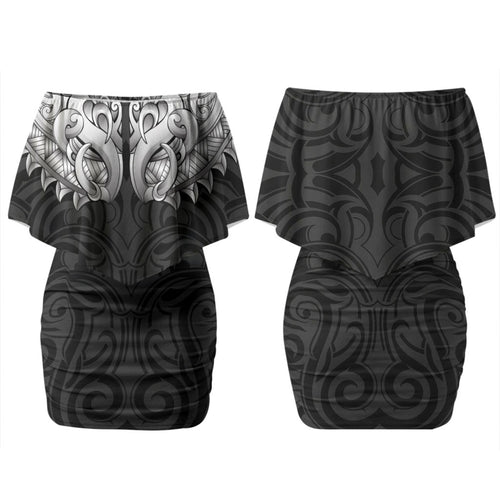 New Zealand Ta Moko Couples Matching Off Shoulder Short Dress and Hawaiian Shirt Aotearoa Maori Chest Tattoo Black