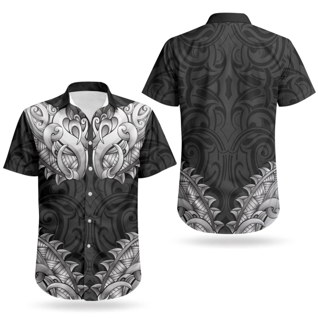 New Zealand Ta Moko Couples Matching Off Shoulder Short Dress and Hawaiian Shirt Aotearoa Maori Chest Tattoo Black