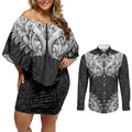 New Zealand Ta Moko Couples Matching Off Shoulder Short Dress and Long Sleeve Button Shirt Aotearoa Maori Chest Tattoo Black