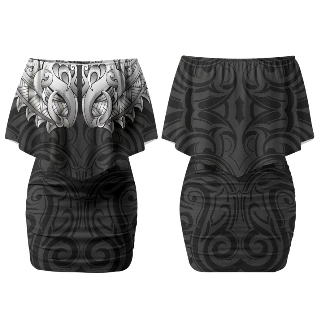 New Zealand Ta Moko Couples Matching Off Shoulder Short Dress and Long Sleeve Button Shirt Aotearoa Maori Chest Tattoo Black