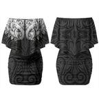 New Zealand Ta Moko Couples Matching Off Shoulder Short Dress and Long Sleeve Button Shirt Aotearoa Maori Chest Tattoo Black