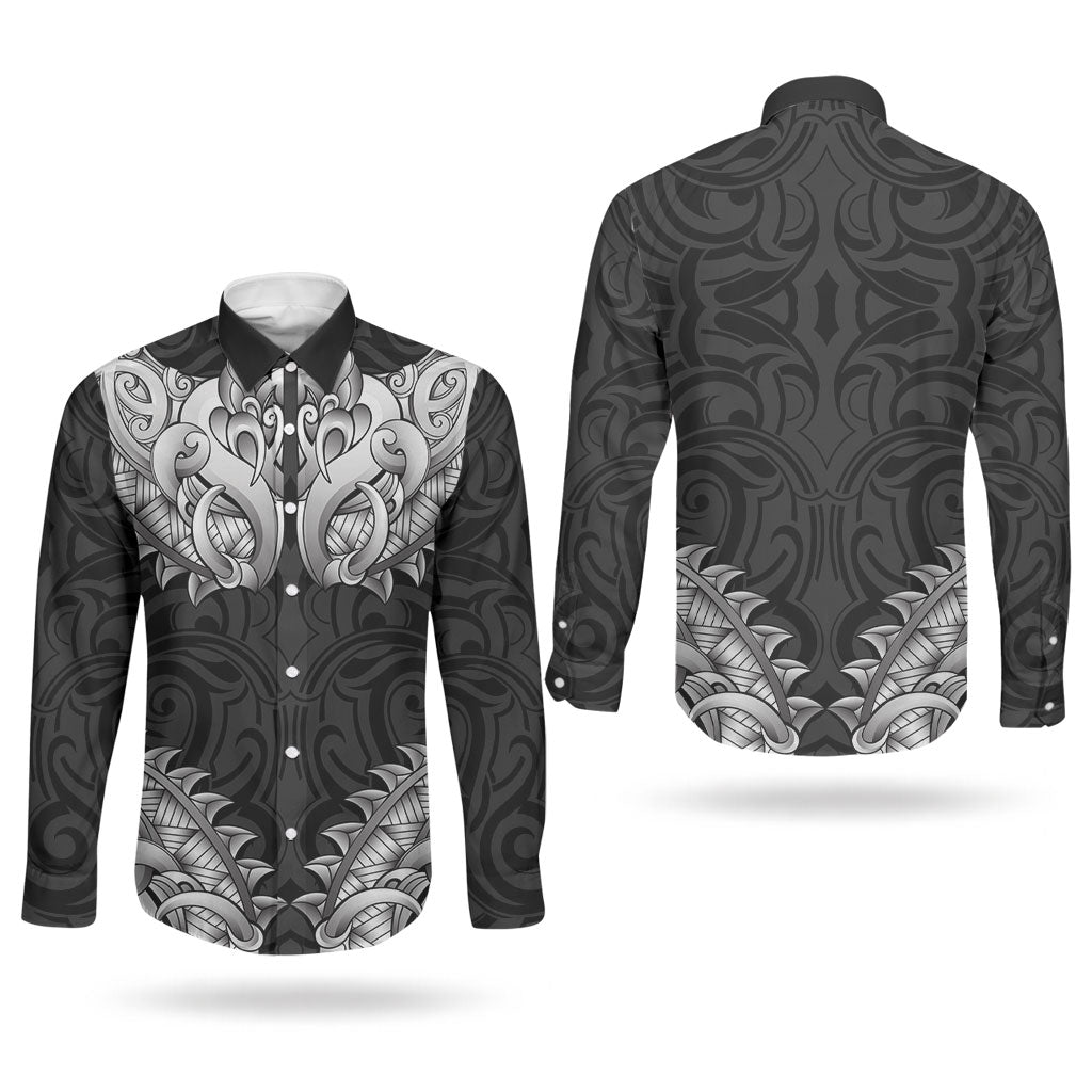 New Zealand Ta Moko Couples Matching Off The Shoulder Long Sleeve Dress and Long Sleeve Button Shirt Aotearoa Maori Chest Tattoo Black