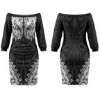 New Zealand Ta Moko Couples Matching Off The Shoulder Long Sleeve Dress and Long Sleeve Button Shirt Aotearoa Maori Chest Tattoo Black