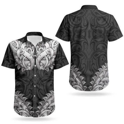 New Zealand Ta Moko Couples Matching Puletasi and Hawaiian Shirt Aotearoa Maori Chest Tattoo Black