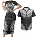 New Zealand Ta Moko Couples Matching Short Sleeve Bodycon Dress and Hawaiian Shirt Aotearoa Maori Chest Tattoo Black