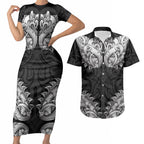 New Zealand Ta Moko Couples Matching Short Sleeve Bodycon Dress and Hawaiian Shirt Aotearoa Maori Chest Tattoo Black