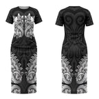 New Zealand Ta Moko Couples Matching Short Sleeve Bodycon Dress and Hawaiian Shirt Aotearoa Maori Chest Tattoo Black