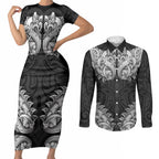 New Zealand Ta Moko Couples Matching Short Sleeve Bodycon Dress and Long Sleeve Button Shirt Aotearoa Maori Chest Tattoo Black