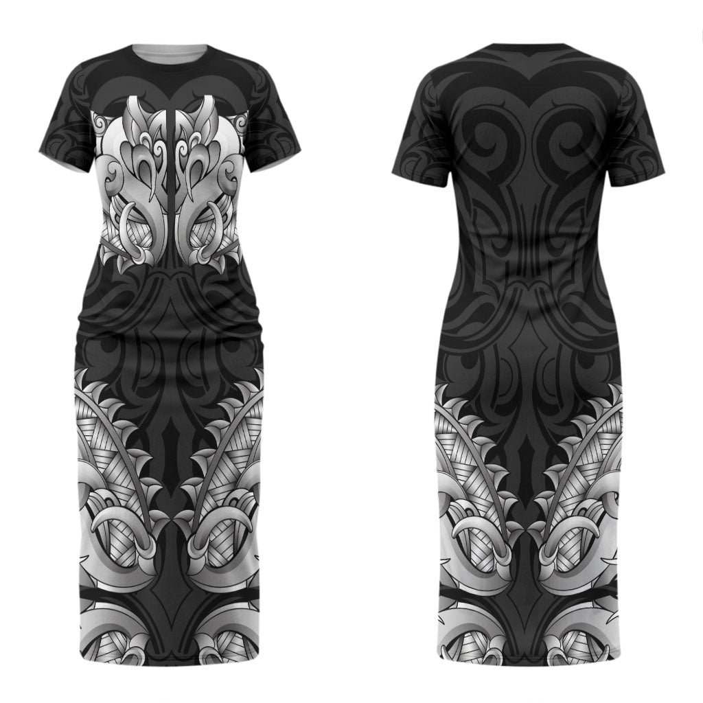 New Zealand Ta Moko Couples Matching Short Sleeve Bodycon Dress and Long Sleeve Button Shirt Aotearoa Maori Chest Tattoo Black