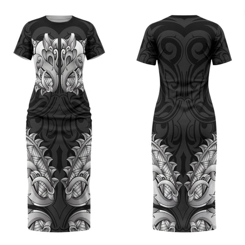 New Zealand Ta Moko Couples Matching Short Sleeve Bodycon Dress and Long Sleeve Button Shirt Aotearoa Maori Chest Tattoo Black