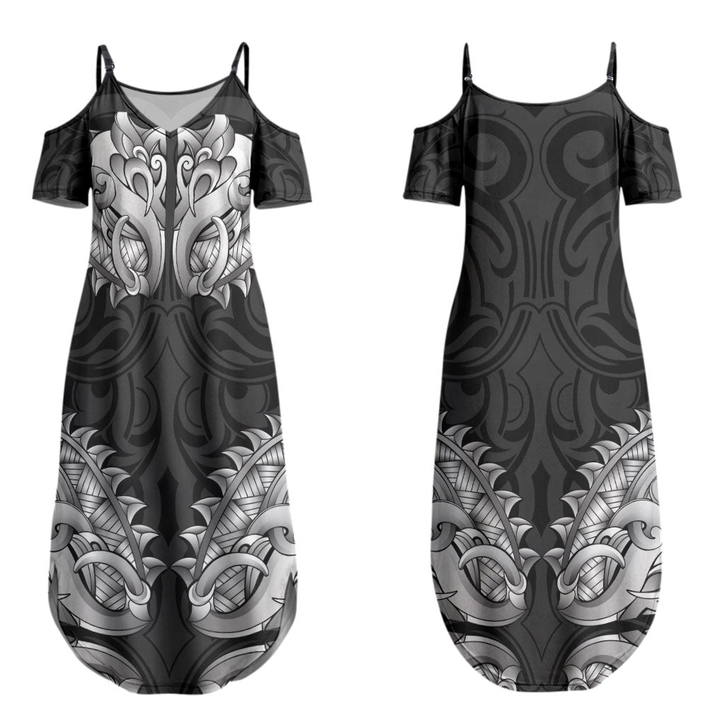 New Zealand Ta Moko Couples Matching Summer Maxi Dress and Hawaiian Shirt Aotearoa Maori Chest Tattoo Black