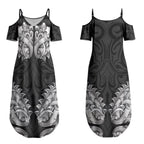 New Zealand Ta Moko Couples Matching Summer Maxi Dress and Long Sleeve Button Shirt Aotearoa Maori Chest Tattoo Black
