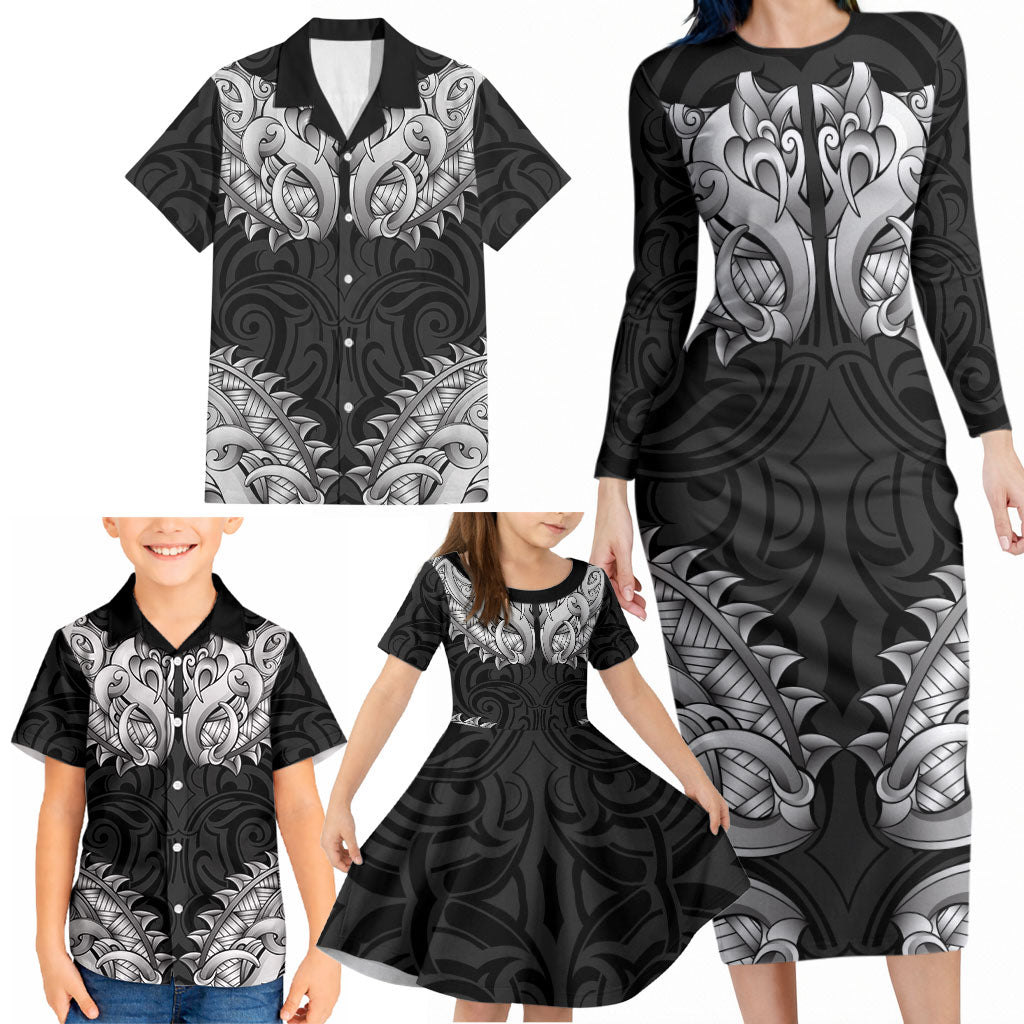 New Zealand Ta Moko Family Matching Long Sleeve Bodycon Dress and Hawaiian Shirt Aotearoa Maori Chest Tattoo Black