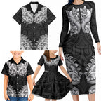 New Zealand Ta Moko Family Matching Long Sleeve Bodycon Dress and Hawaiian Shirt Aotearoa Maori Chest Tattoo Black