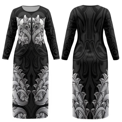 New Zealand Ta Moko Family Matching Long Sleeve Bodycon Dress and Hawaiian Shirt Aotearoa Maori Chest Tattoo Black
