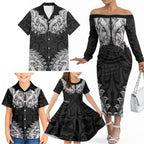 New Zealand Ta Moko Family Matching Off The Shoulder Long Sleeve Dress and Hawaiian Shirt Aotearoa Maori Chest Tattoo Black